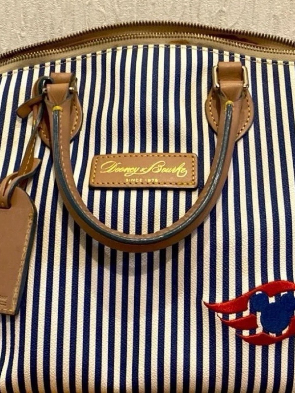 Dooney & Bourke Navy and White Striped Tote with Tan Leather Accents Disney